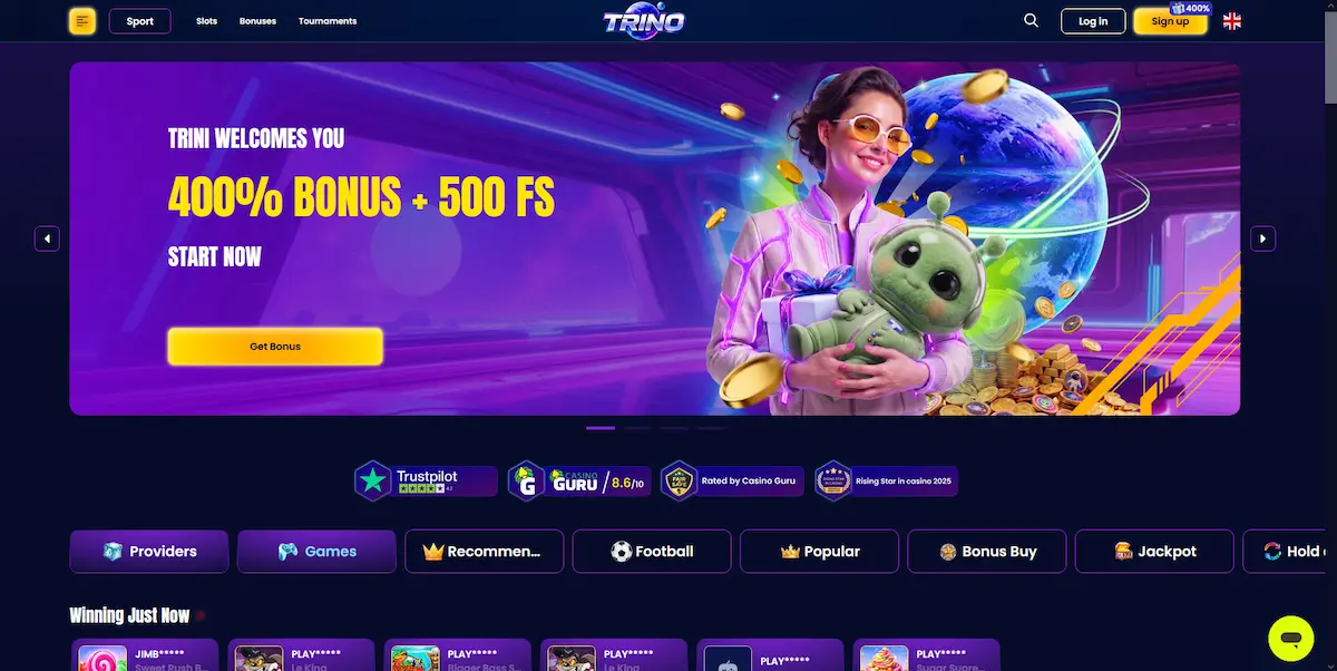 Trino Casino homepage lobby with slots, bonuses and sportsbook navigation